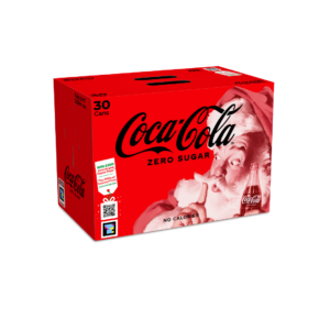 A box of Coca Cola with a santa on the pack. In the bottom left of the box is a Navilens code (a black square with pink yellow and blue smaller squares in it)