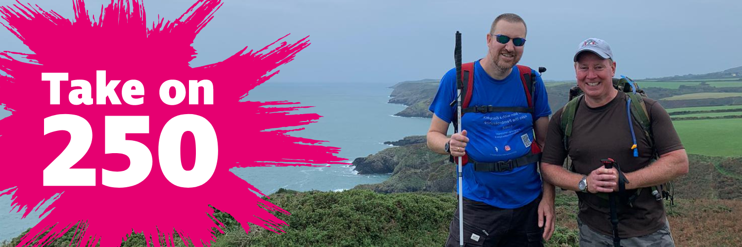 The take on 250 logo and Chris owen and friend on a cliff path