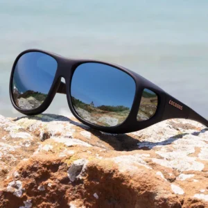 Silver Polarised Mirror Glasses on a rock