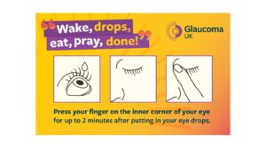 A graphic from Glaucoma UK that reads Wake, drops, eat Pray, done and shows 3 images of how to safely use eye drops during Ramadan