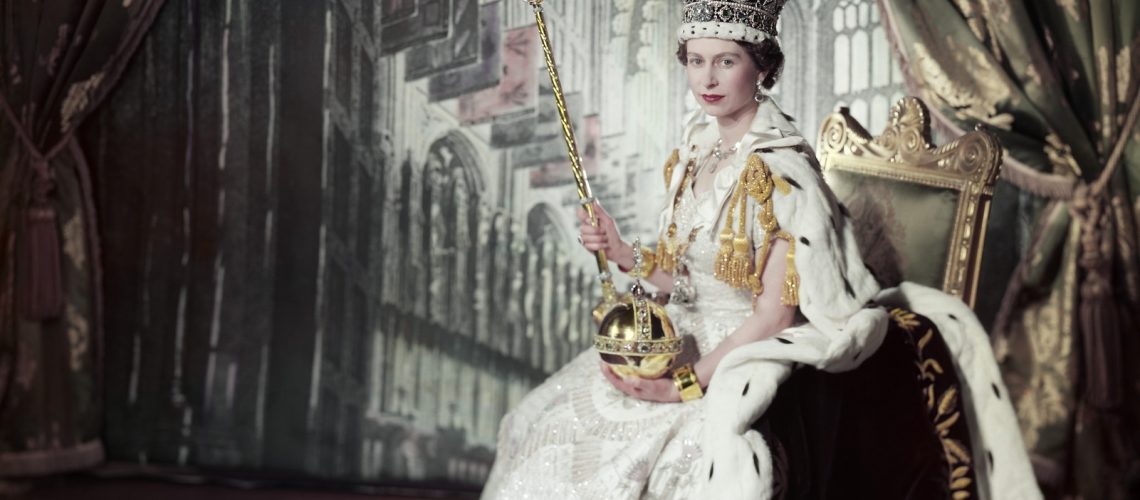 A painting of The Queen at her coronation.