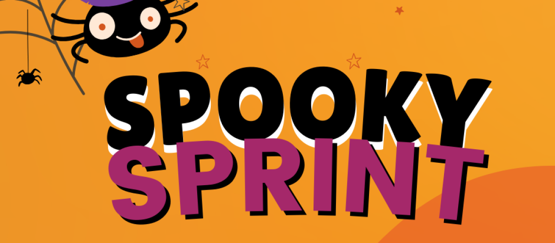 Spooky Spring in big letter on an orange background A funny spider is in the corner.