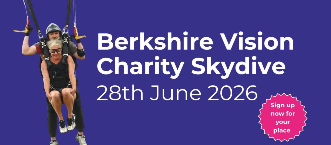 a photo of sam sky diving - text reads Berkshire Vision charity sky dive 28th June 2026